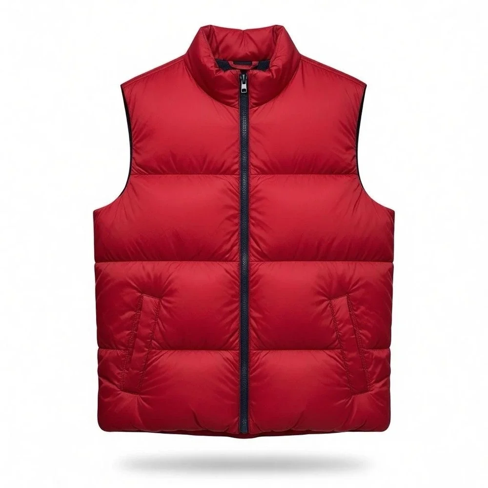 Old Navy Water-Resistant Puffer Vest Youth L Red with blue fleece‎ lining.